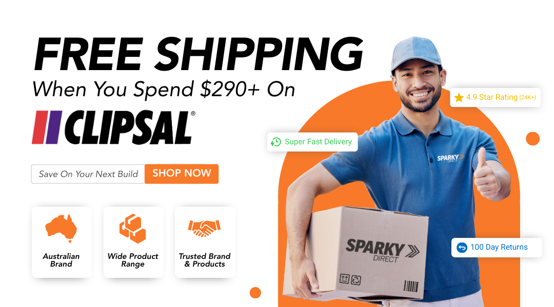 Click here for a promotion offering free shipping on Clipsal orders over $290 from Sparky Direct, featuring fast delivery, 100-day returns, and high customer ratings.