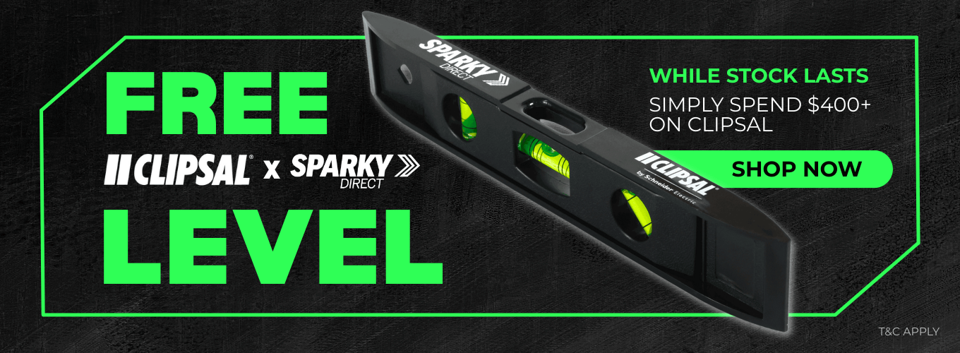 Sparky Direct x Clipsal promotion banner – free magnetic torpedo level with $400+ Clipsal purchase, while stock lasts.