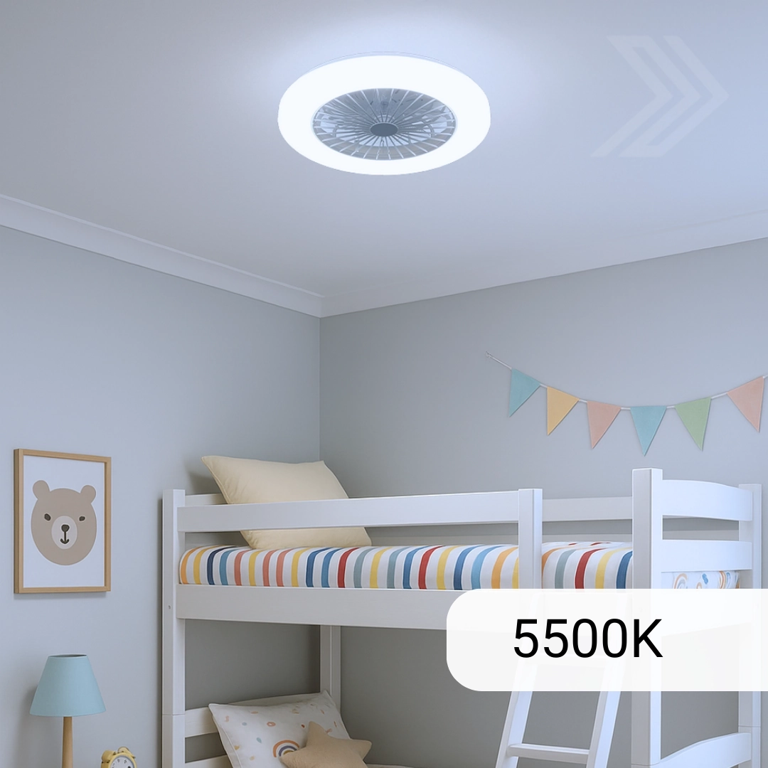 Smoke Alarm Compliant – LED ceiling fan in a bedroom with a nearby smoke alarm, showing safe compliant installation.