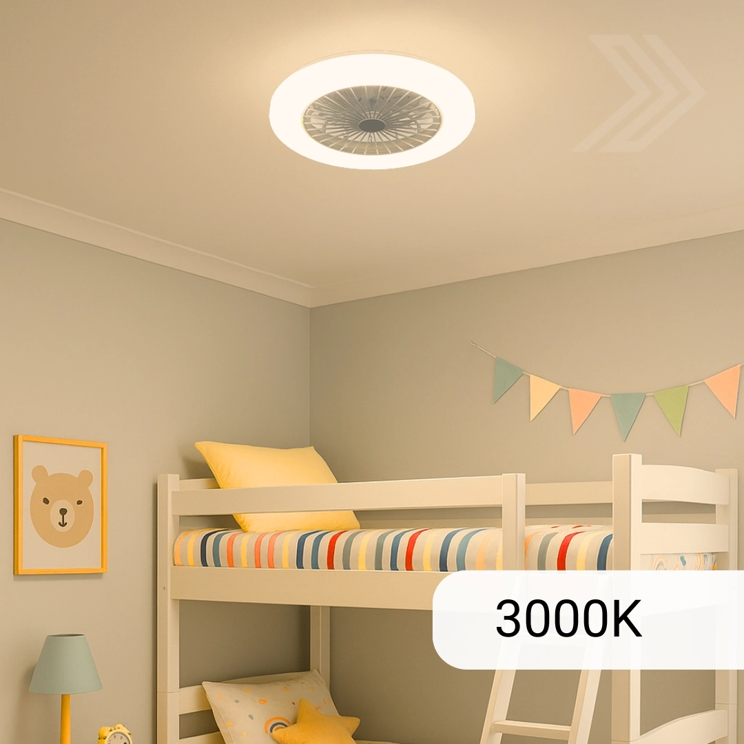 3000K – ceiling fan light in a child’s bedroom set to warm white 3000K, creating a cosy glow.