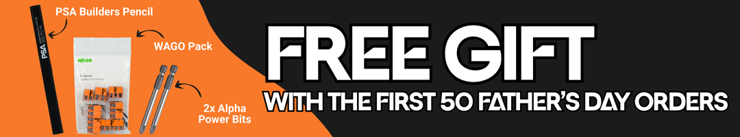 Free gift offer for first 50 orders, featuring tools, WAGO connectors, PSA pencil, and Alpha power bits.