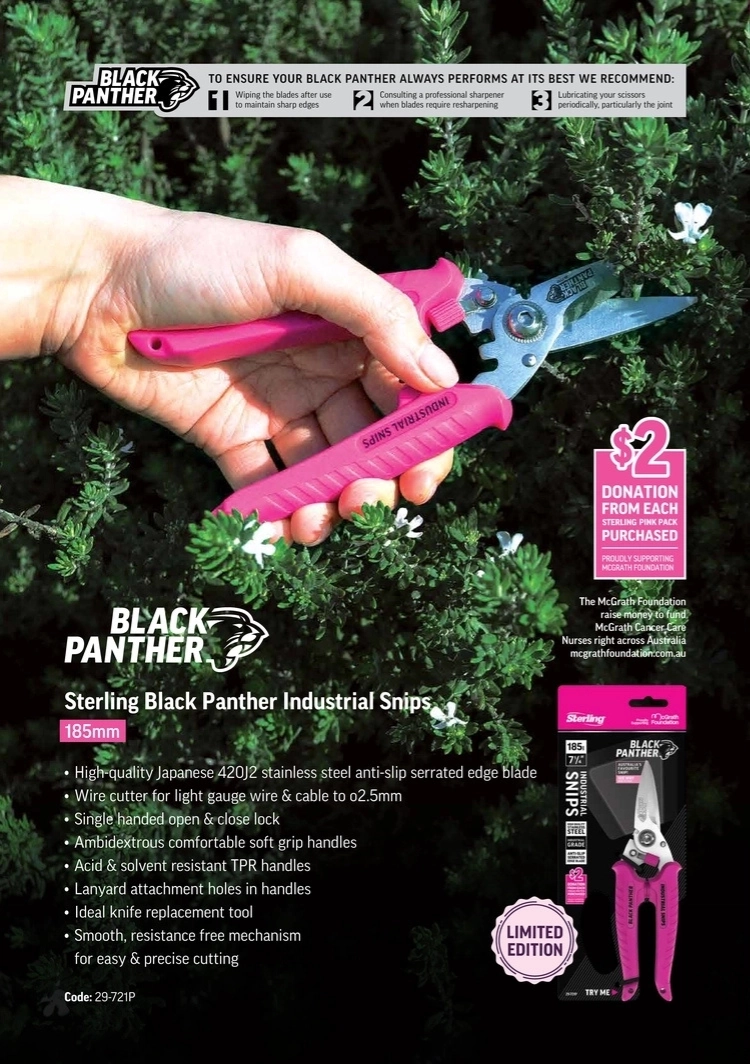 Click here for Sterling Black Panther Industrial Snips in action with pink handles and $2 donated per purchase.