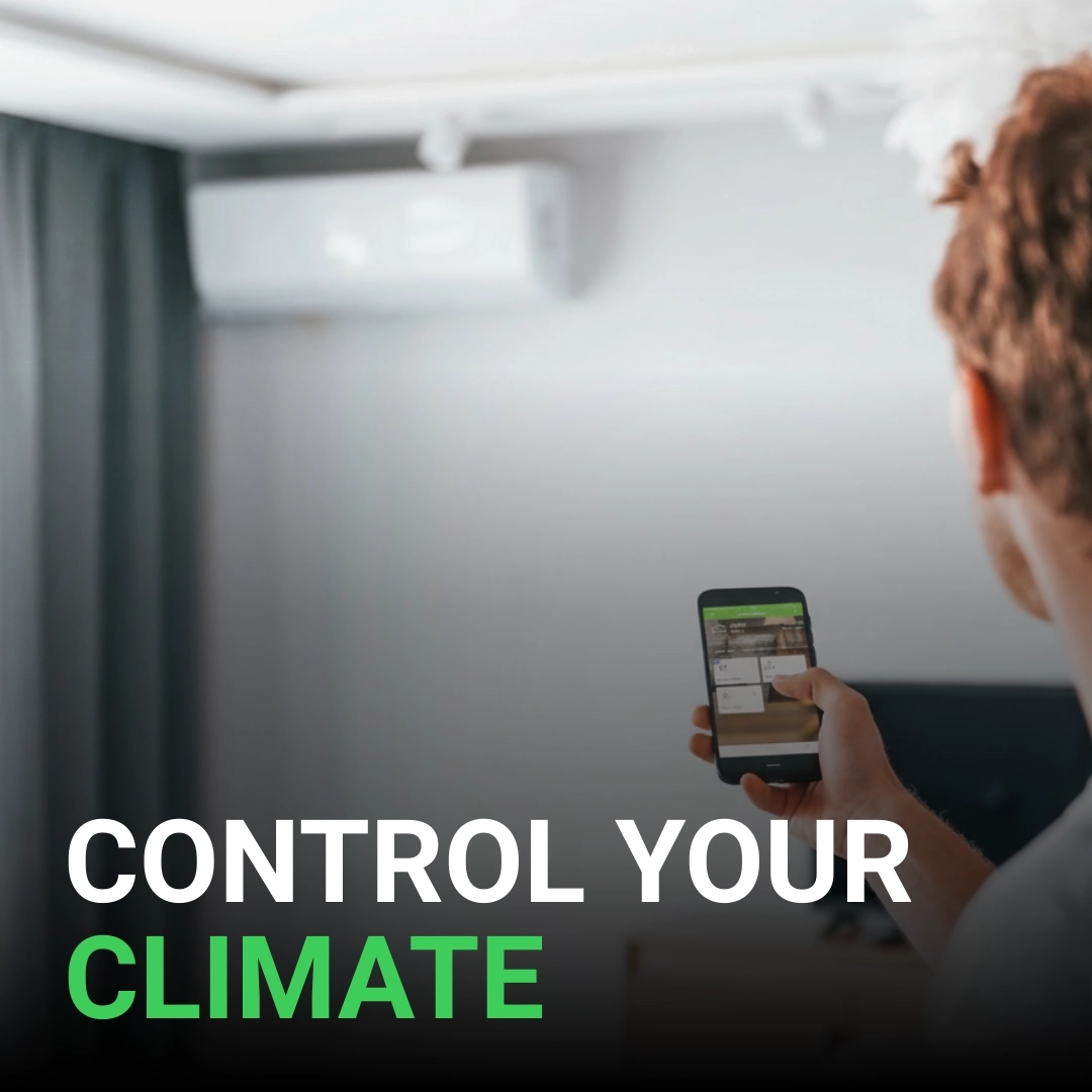 Click here for a person using the Clipsal Wiser™ app to adjust air conditioning with the text "Control Your Climate."
