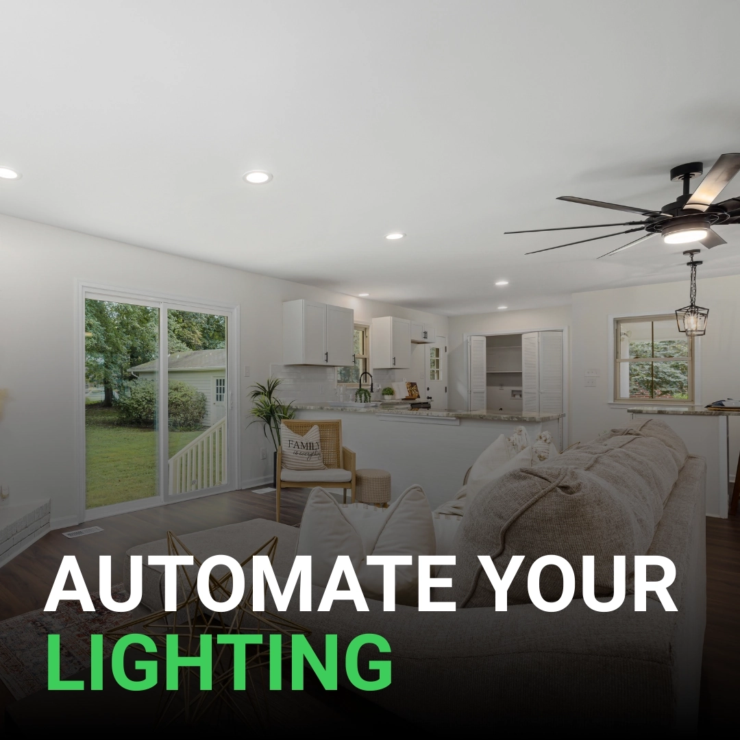 Click here for a bright living room with the text "Automate Your Lighting" promoting smart lighting control.