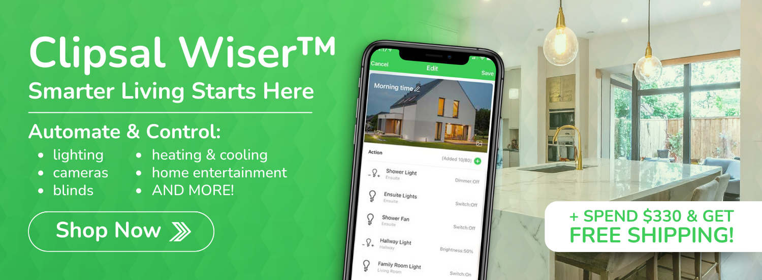 Clipsal Wiser™ smart home ad showing mobile app control and a modern kitchen - click here to shop Wiser now.