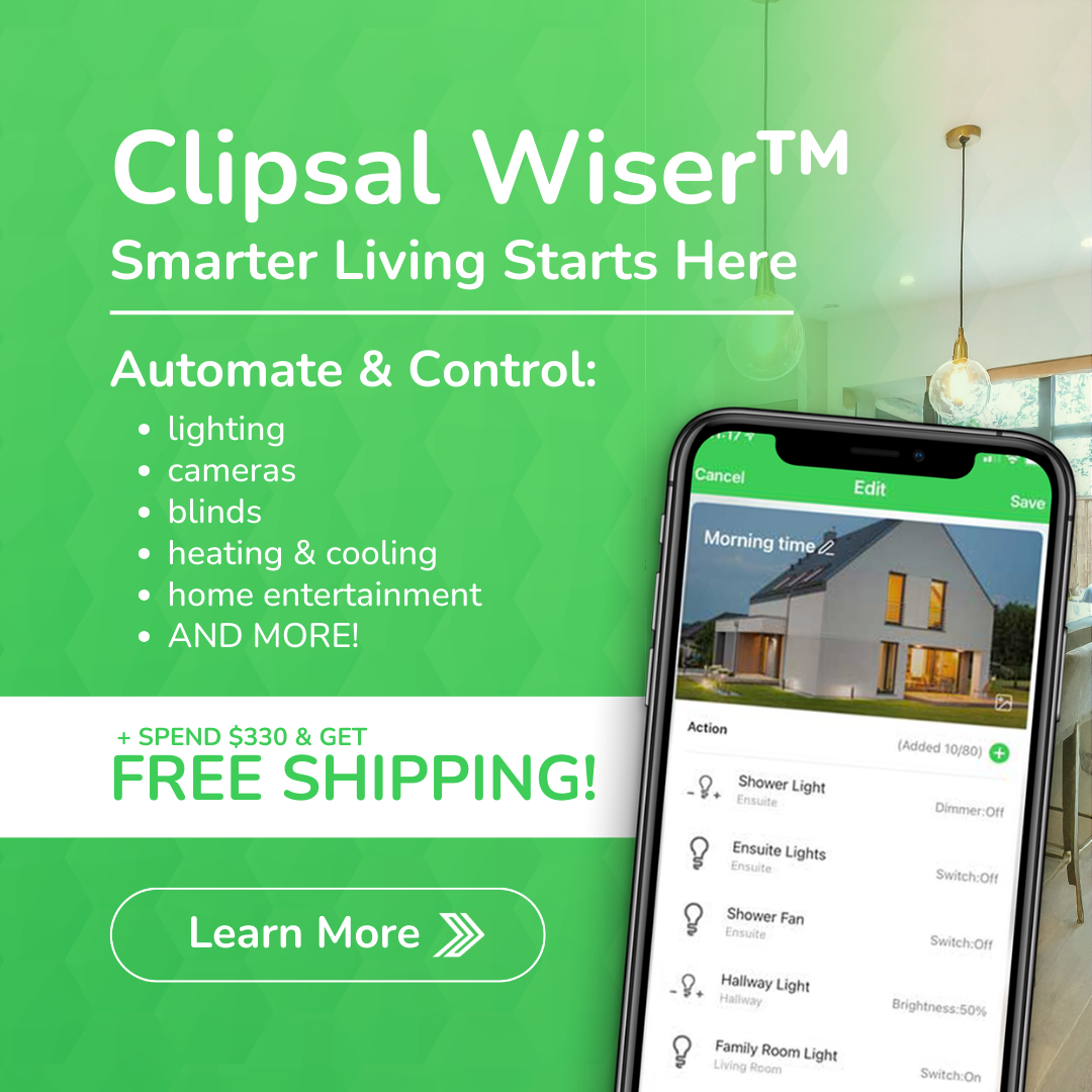 Clipsal Wiser™ smart home ad showing mobile app control and a modern kitchen - click here to shop Wiser now.