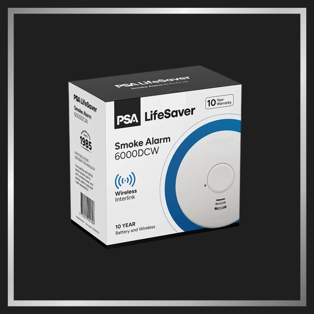 Click here for a PSA LifeSaver 6000DCW smoke alarm with a 10-year non-replaceable lithium battery and RF interlink.
