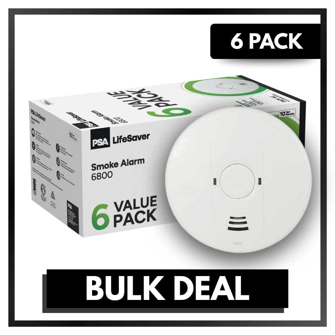 Click here for a 6-pack of PSA LifeSaver 6800 smoke alarms with 240V and 9V DC battery backup.