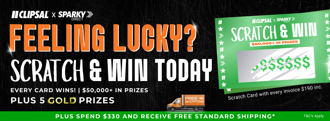 Promotional banner for Clipsal x Sparky Direct's "Scratch & Win" campaign, offering $50,000+ in prizes with every $190 invoice. Includes free shipping on $330+ orders.