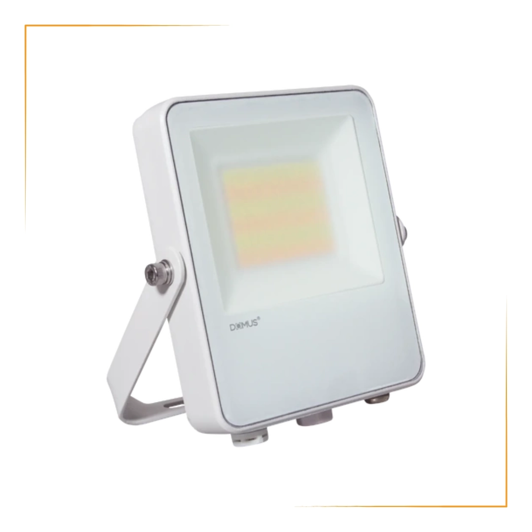 50W white DOMUS BLAZE PRO Marine LED floodlight featuring tri-watt and CCT adjustment, corrosion-resistant powder-coated finish, and IP66/IK08 rating for marine or coastal use.