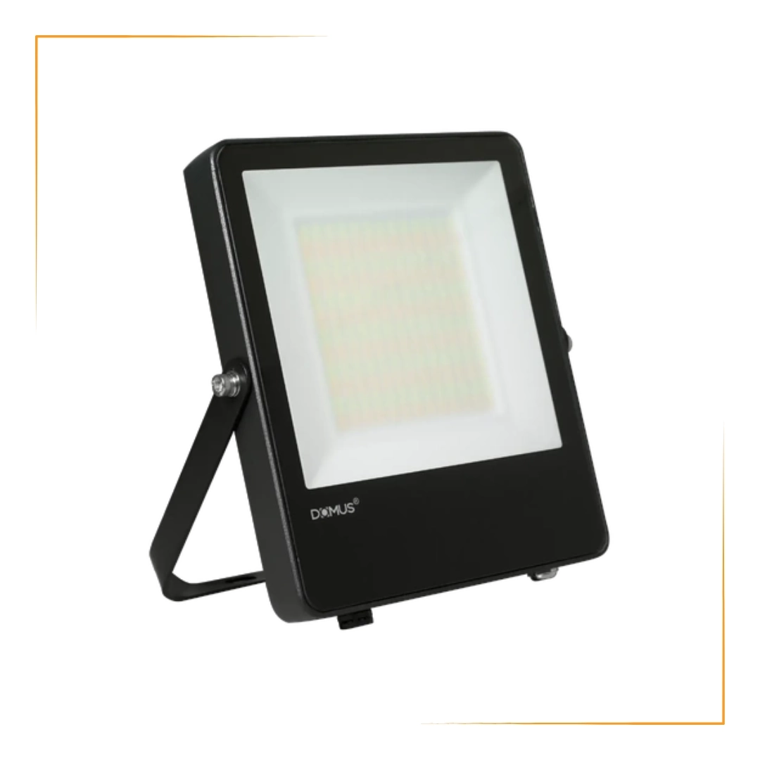 100W black marine LED floodlight by DOMUS with selectable wattage and color temperature, corrosion-resistant housing, and wide asymmetric light spread; designed for marine and industrial use.
