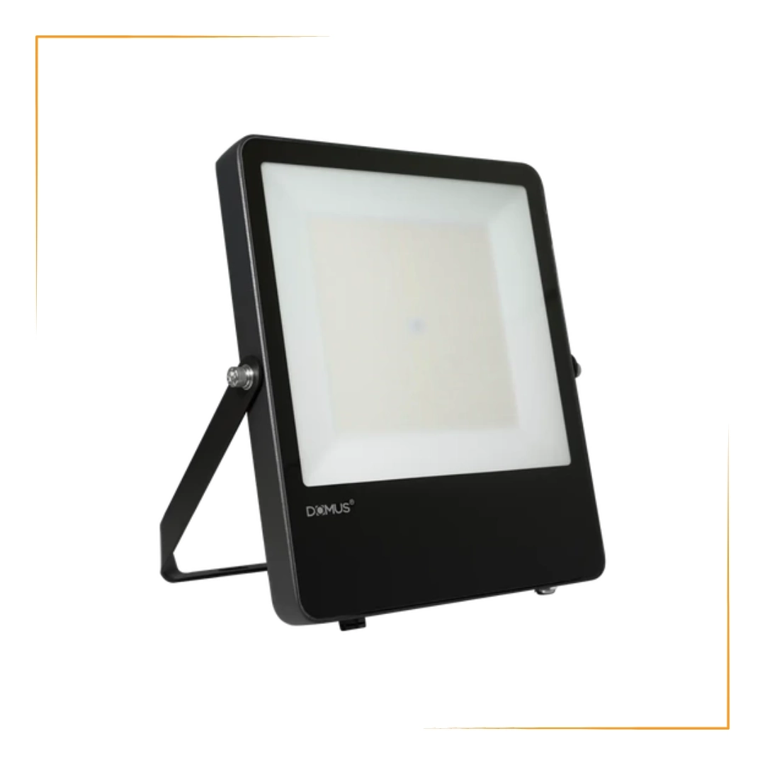 DOMUS BLAZE PRO 200W black LED floodlight with tri-watt, tri-CCT features, IP66 waterproofing, and IK08 impact rating; ideal for large-scale outdoor lighting in coastal conditions.