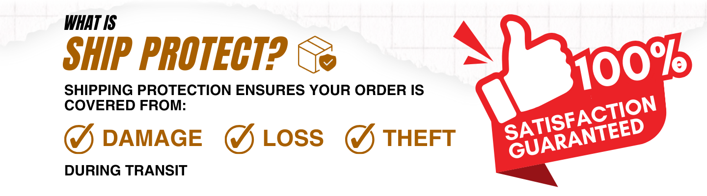 Promotional graphic for Ship Protect, highlighting that shipping protection covers orders against damage, loss, and theft during transit. Includes a 100% satisfaction guarantee icon with a red thumbs-up symbol.