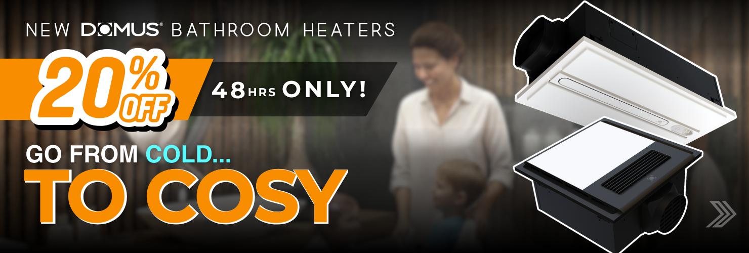 Click here for a limited-time 20% off sale on Domus bathroom heaters with the slogan "Go from cold to cosy."