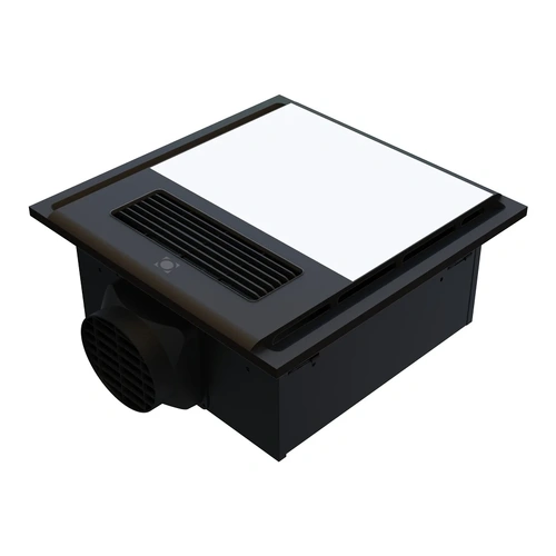 Click here for a Domus ceiling heater with a sleek black vent and white panel design.