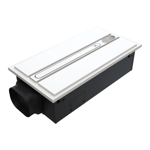 Click here for a white twin-panel Domus bathroom heater with integrated central controls and a minimalist design.