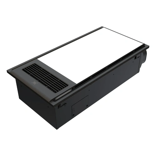 Click here for a rectangular Domus bathroom heater in black with a side air vent and flat panel design.