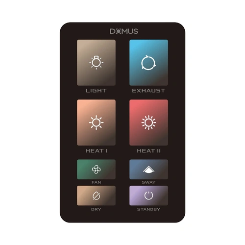 Click here for the black film cover for the Domus bathroom heater remote control featuring buttons for light, exhaust, two heat settings, fan, sway, dry, and standby modes.