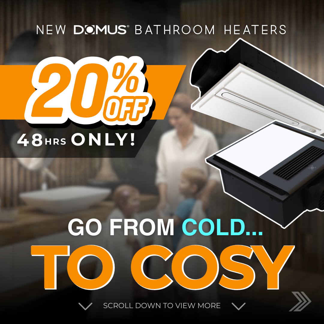 Click here for a limited-time 20% off sale on Domus bathroom heaters with the slogan "Go from cold to cosy."