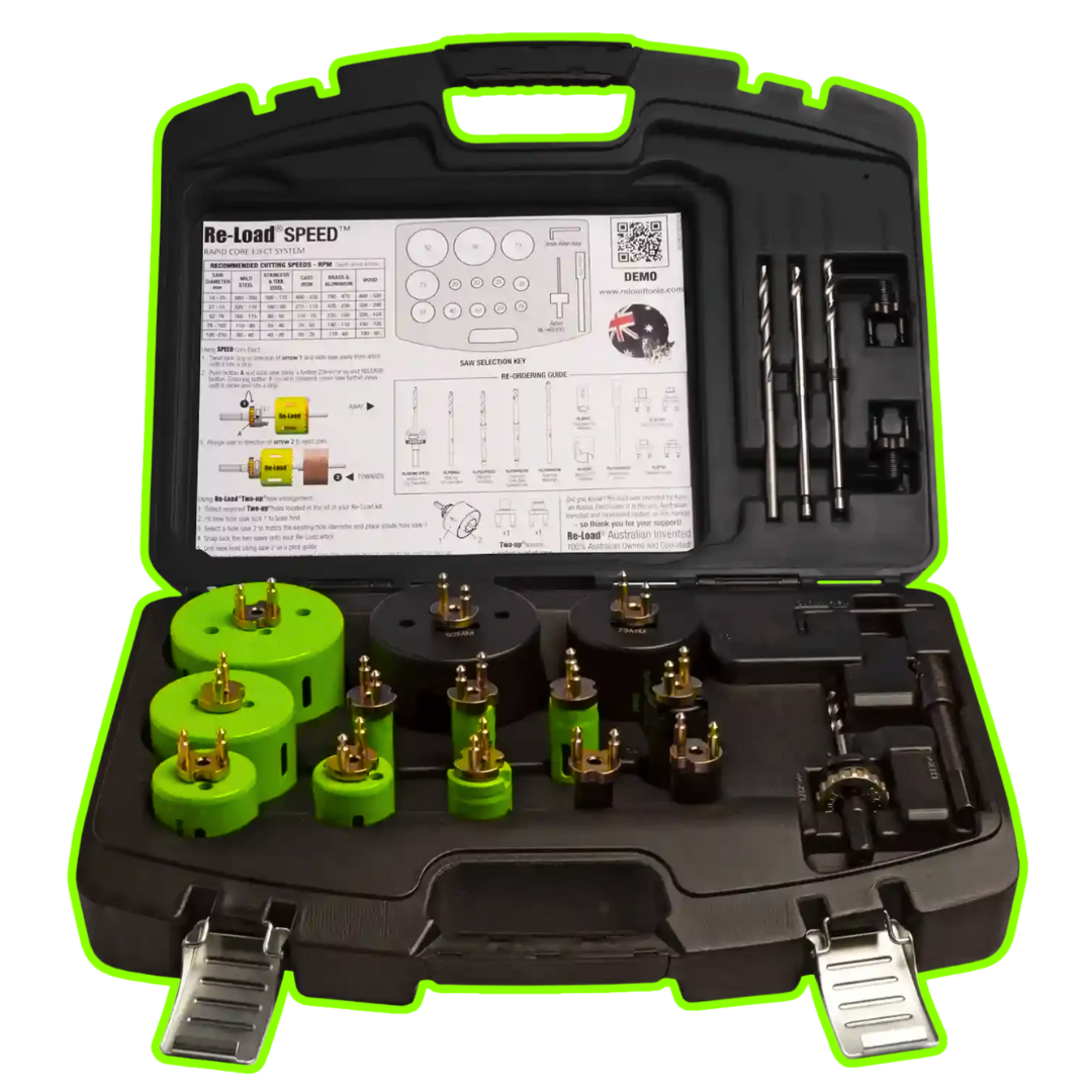 34-piece re-load electricians holesaw kit with green and black quick-change saws in a rugged carry case. limited stock. click here to shop now