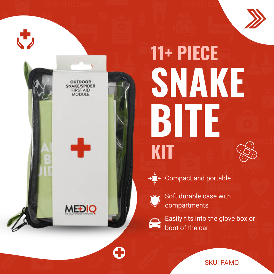 Click here for a promotional image detailing the features of an 11-piece MedIQ snake bite first aid kit.