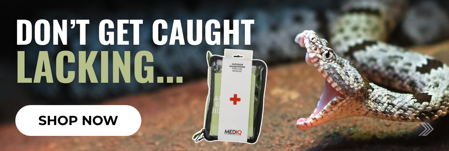 Click here for a MedIQ snake bite kit ad warning not to get caught unprepared, featuring a snake and a first aid pack.