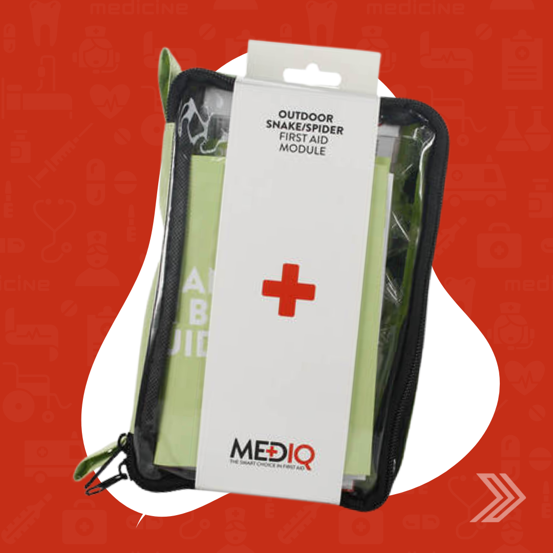 Click here for a product image of the MedIQ Outdoor Snake/Spider First Aid Module against a red medical-themed background.