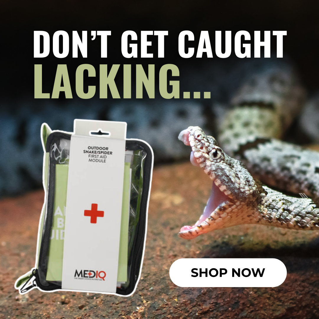Click here for a MedIQ snake bite kit ad warning not to get caught unprepared, featuring a snake and a first aid pack.