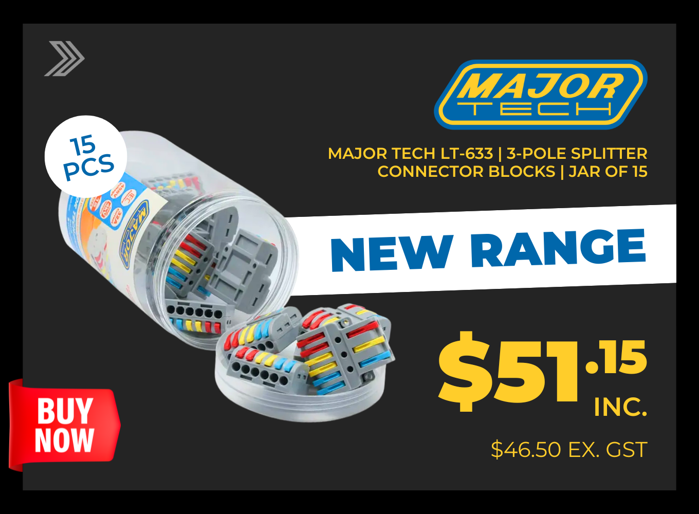 Click here for a jar of 15 Major Tech LT-633 3-pole splitter connector blocks priced at $51.15.