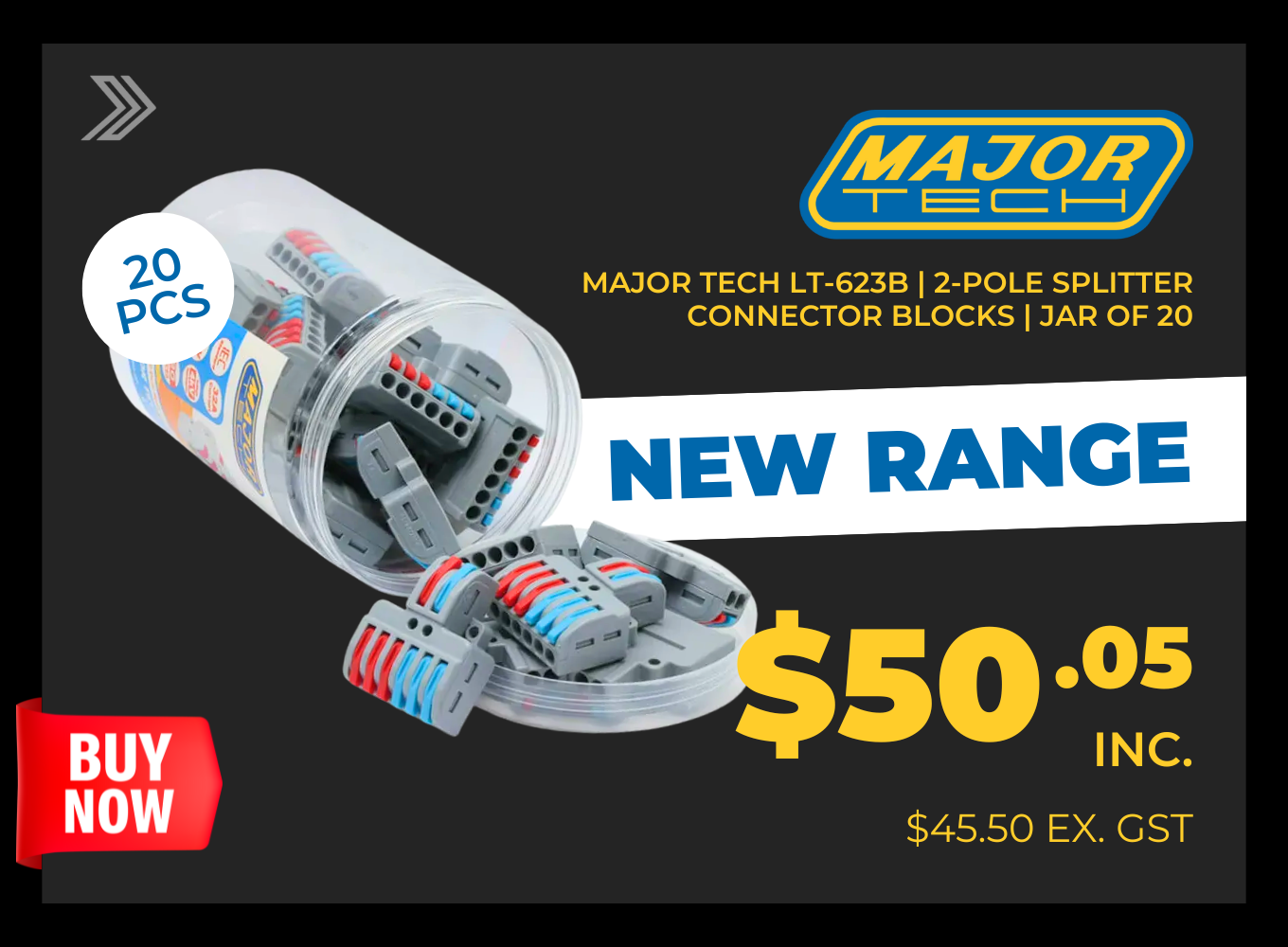 Click here for a jar of 20 Major Tech LT-623B 2-pole splitter connector blocks priced at $50.05.