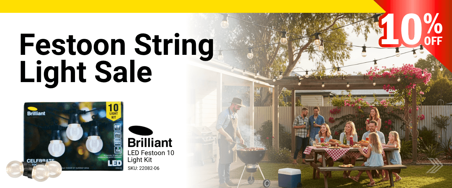 Banner for Brilliant Festoon string light sale with Brilliant 10-light kit and backyard BBQ scene, 10% off.