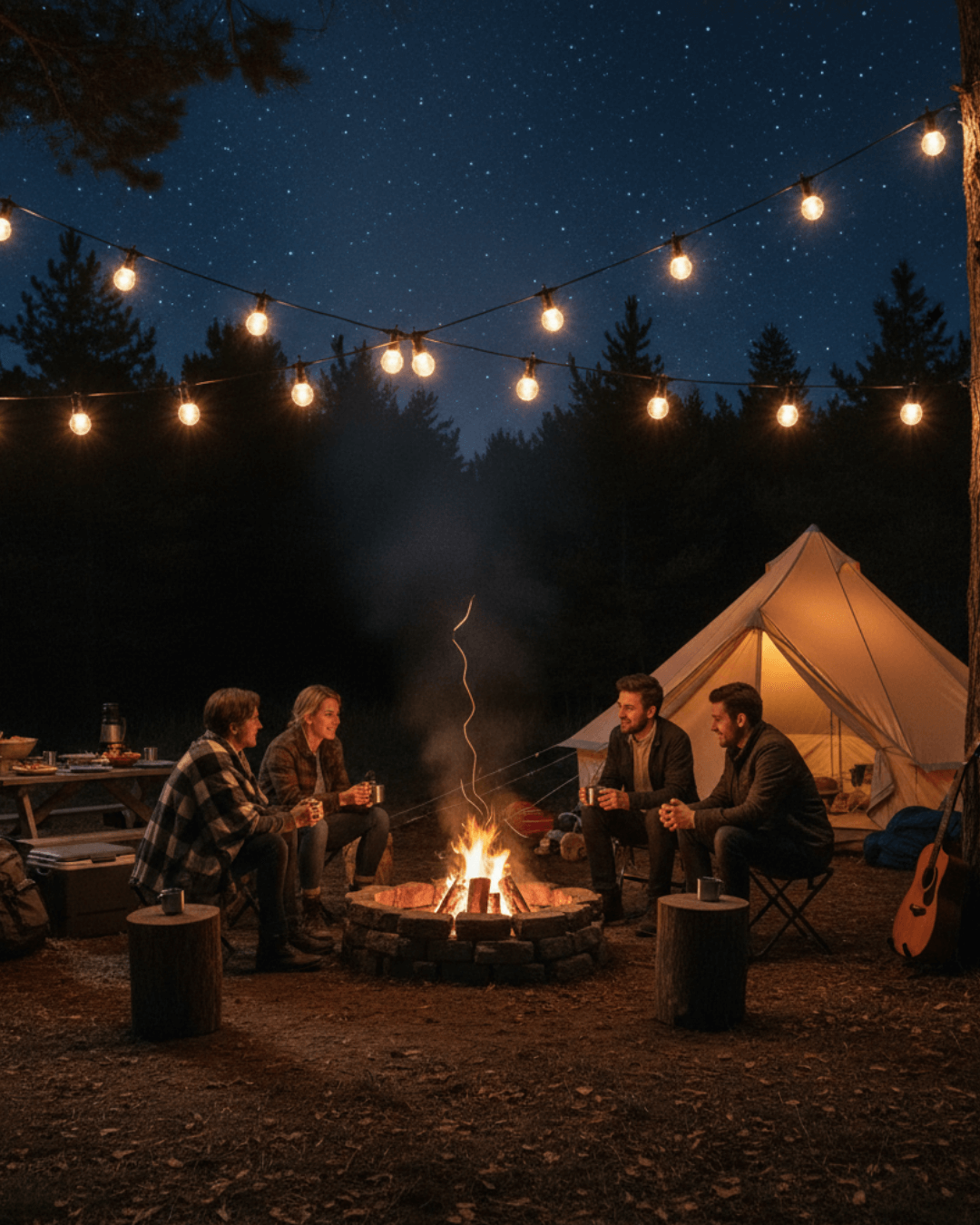 Friends around a campfire under Brilliant Festoon lights and a starry sky, tent behind.