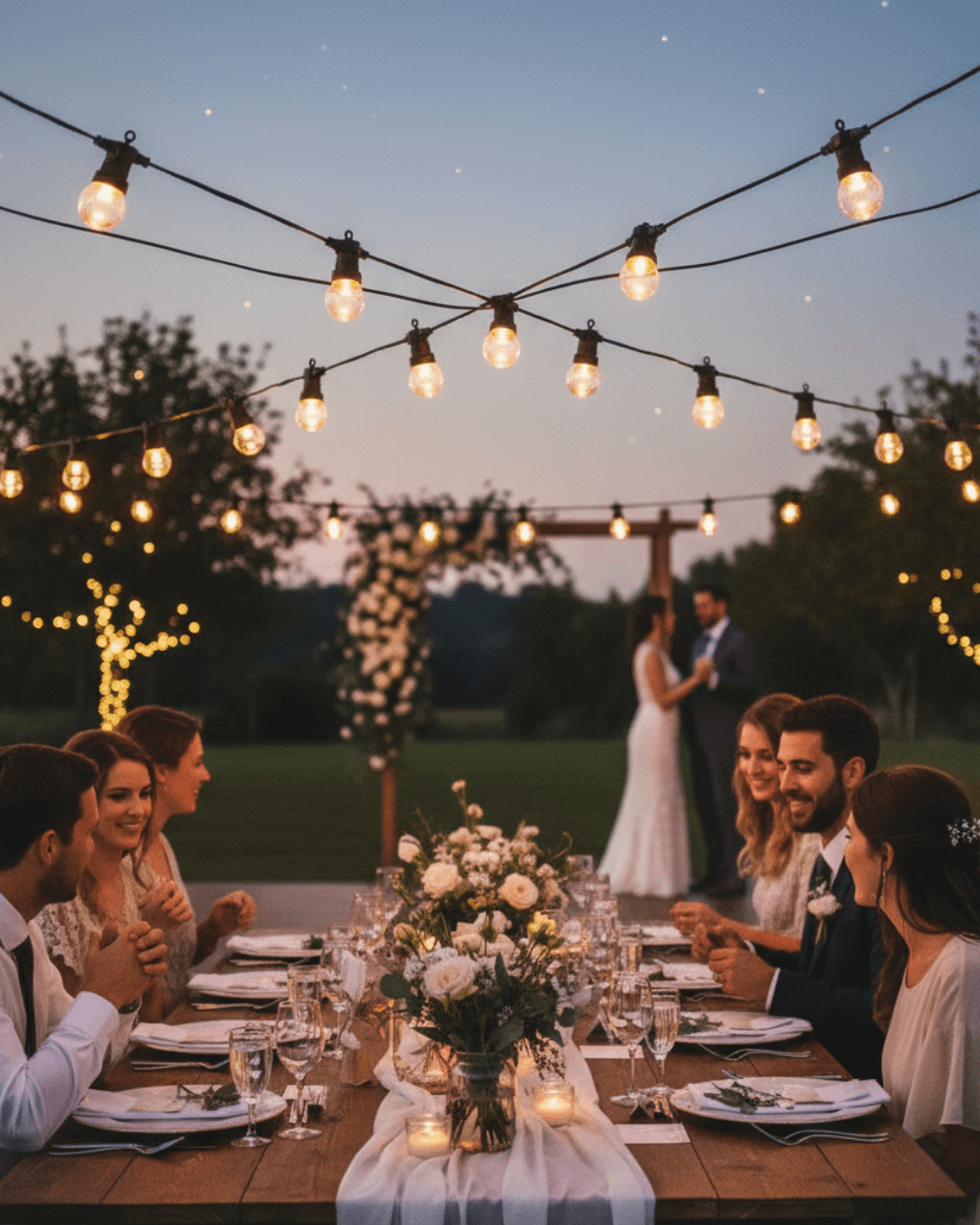 Evening wedding reception with Brilliant Festoon lights over a long dining table, couple dancing in background.