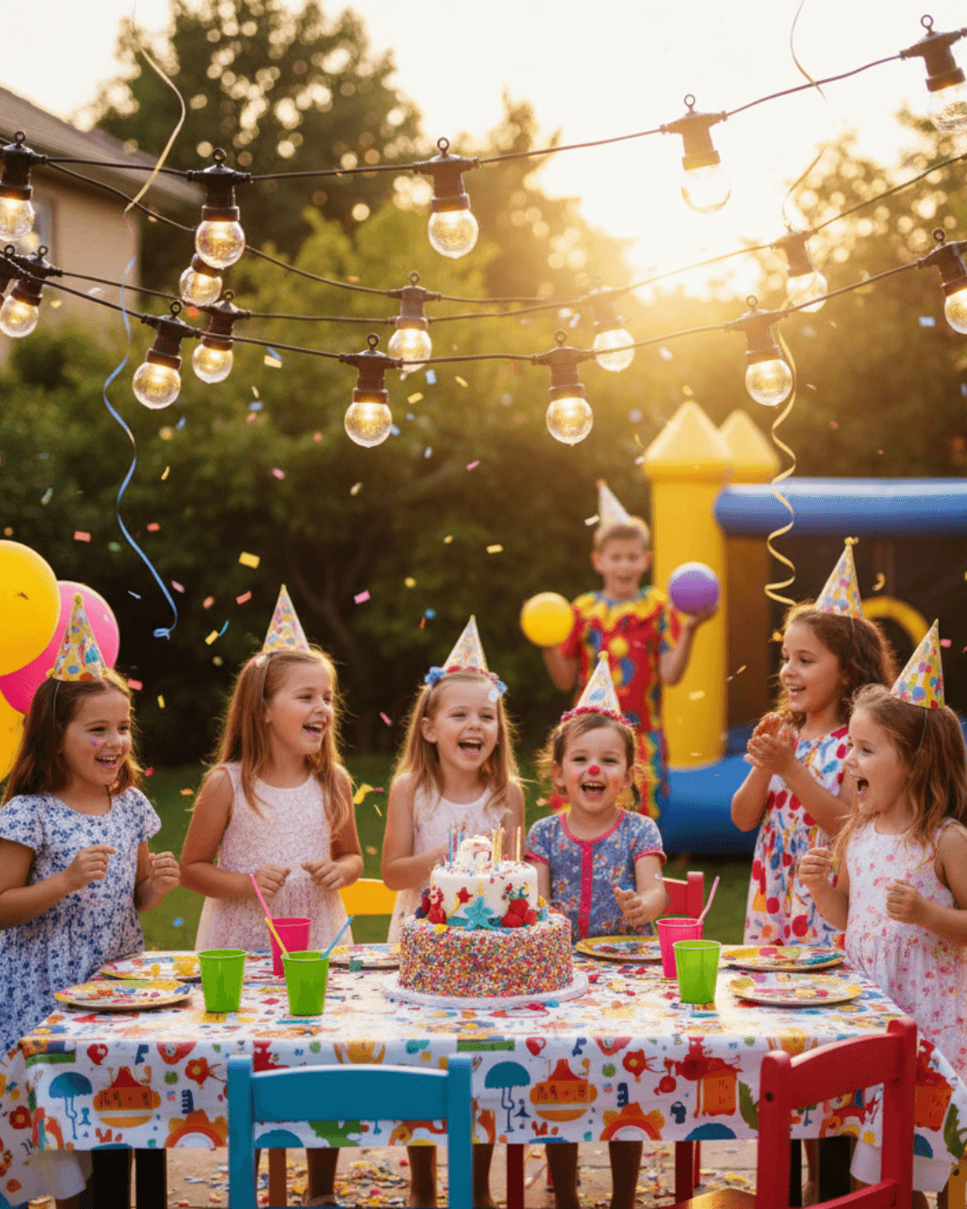 Outdoor kids’ birthday party with Brilliant Festoon lights above the table and cake.