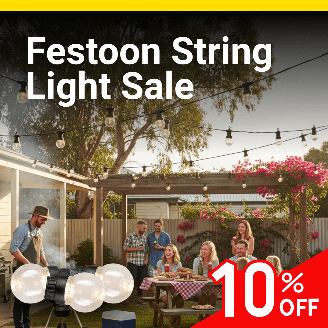 Banner for Brilliant Festoon string light sale with Brilliant 10-light kit and backyard BBQ scene, 10% off.