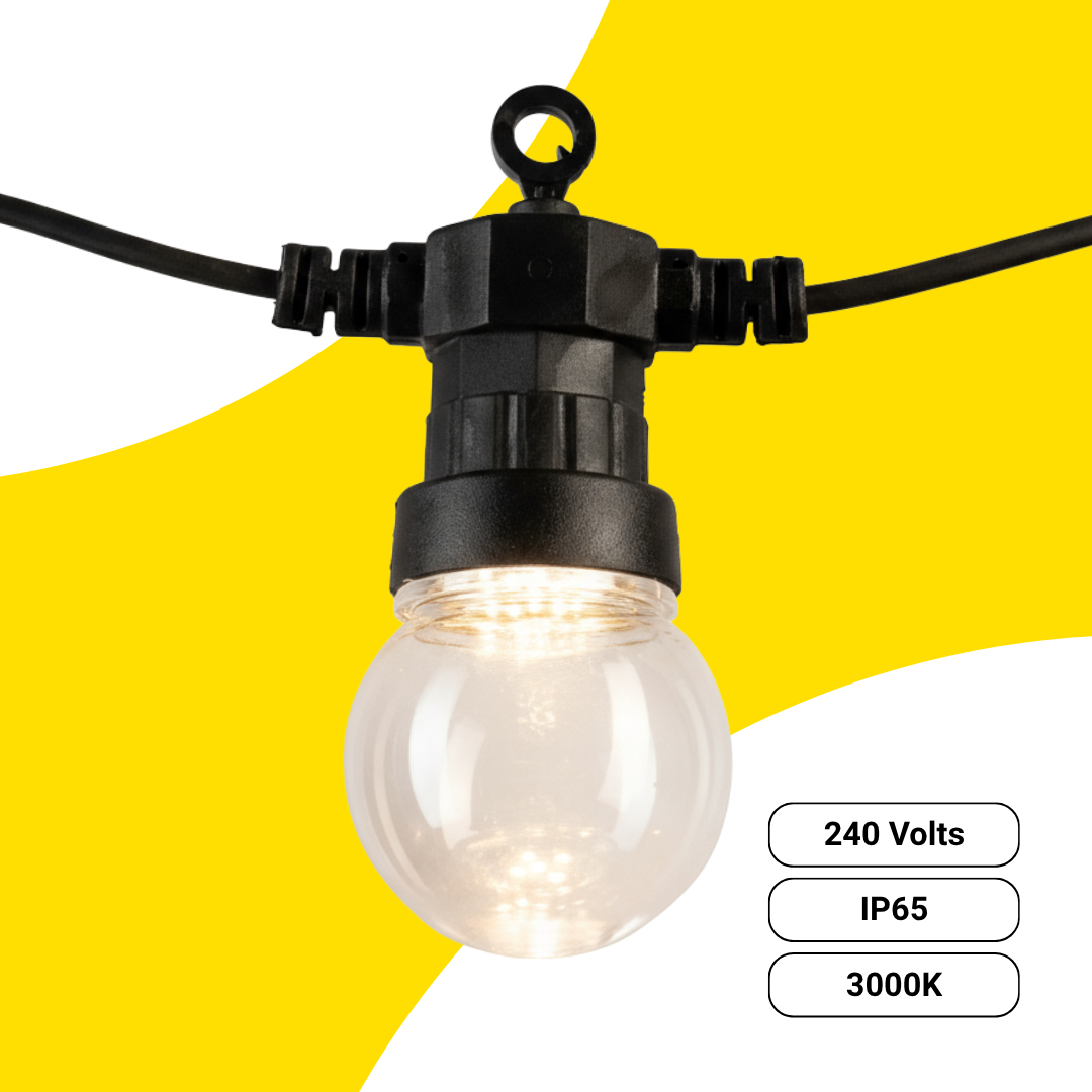 Close-up of a Brilliant Festoon globe and socket on cable, yellow background, specs shown (240V, IP65, 3000K).