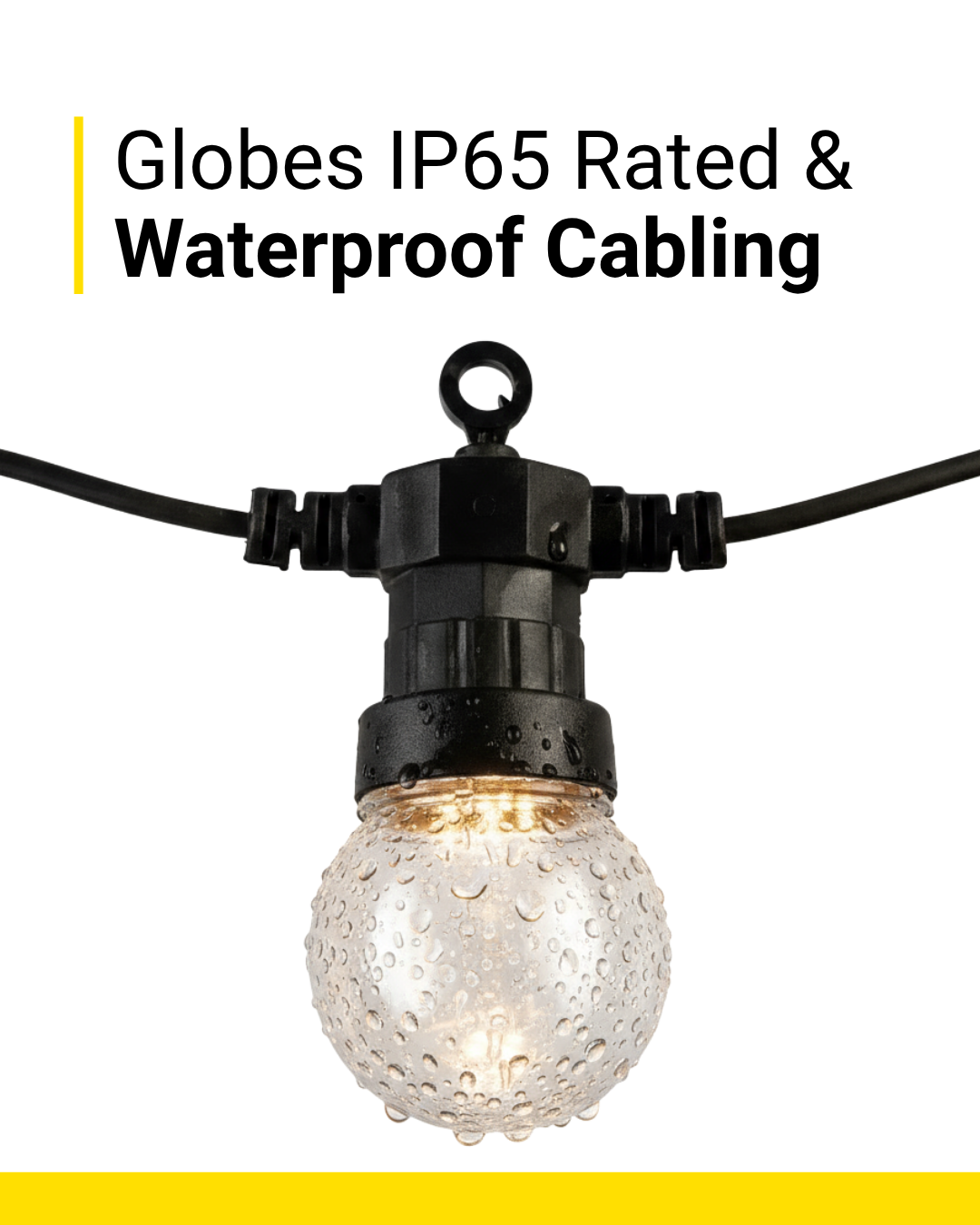 Wet Brilliant Festoon globe dripping water, highlighting IP65 waterproof cabling.