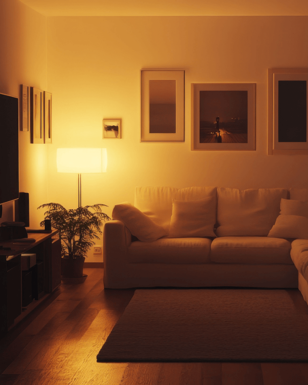 Warm living room with lamp on smart plug timer