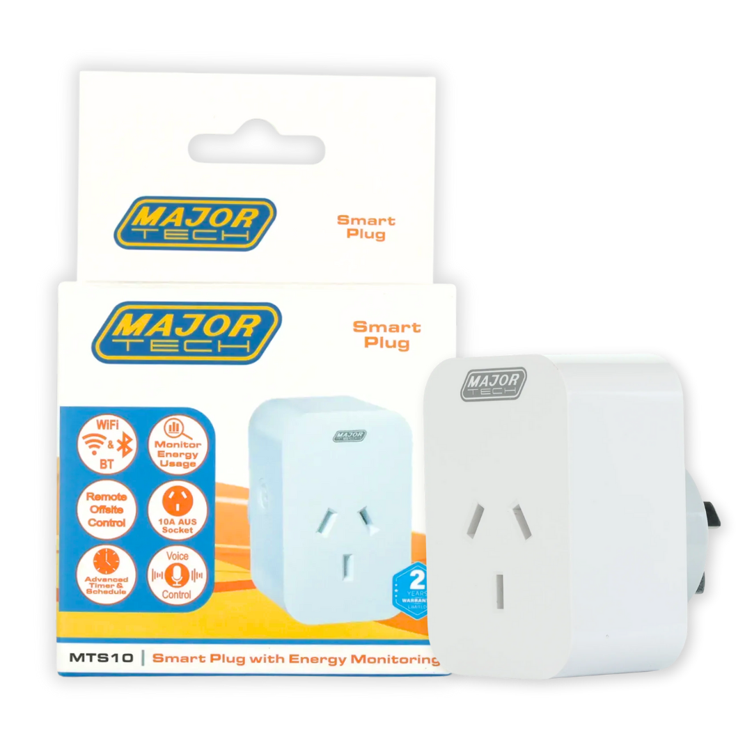 Major Tech MTS10 smart plug close-up product photo and packaging.