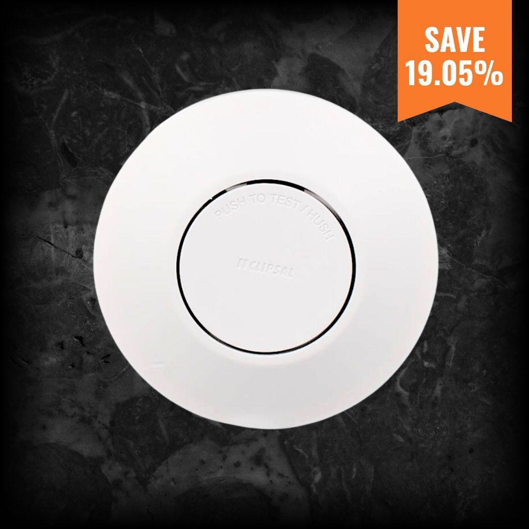 Clipsal 755LPSMA4 surface mount photoelectric smoke alarm, white round design, discounted from $105.00 to $85.00 ex GST.