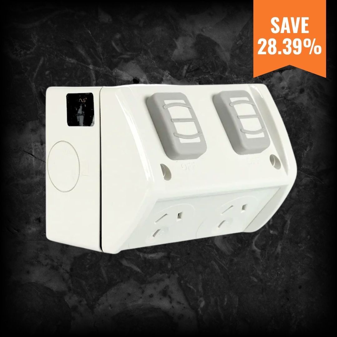NLS 30600 weatherproof double GPO power point 10A with protective covers, showing discount from $13.95 to $9.99 ex GST.