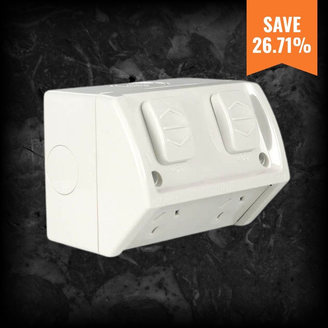 Clipsal WSC227/2 double weatherproof power point 10A, white housing with dual switch covers, sale price $18.99 ex GST from $25.91