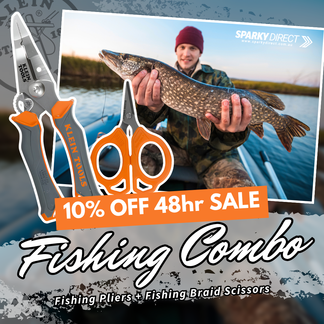 Sparky Direct banner: 10% off 48-hour sale fishing combo with pliers, scissors and an angler holding a fish