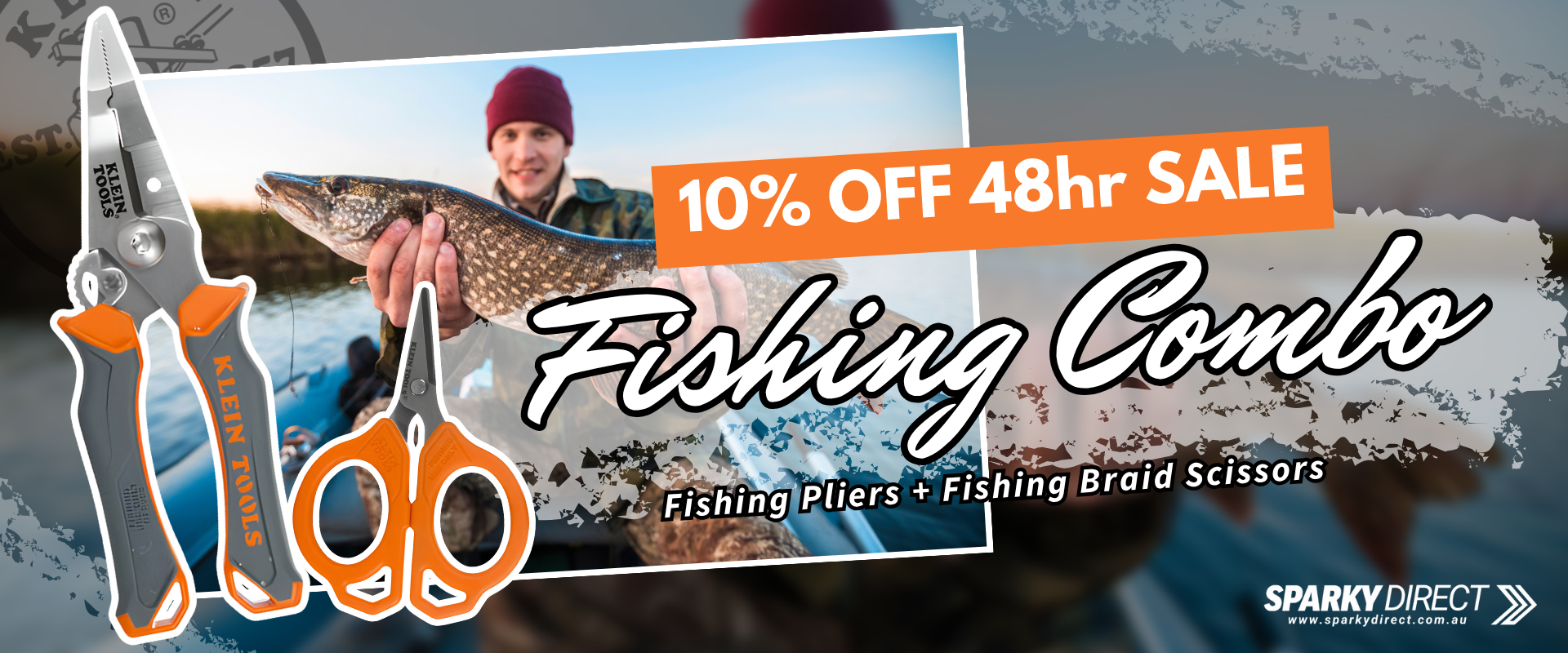 Sparky Direct banner: 10% off 48-hour sale fishing combo with pliers, scissors and an angler holding a fish