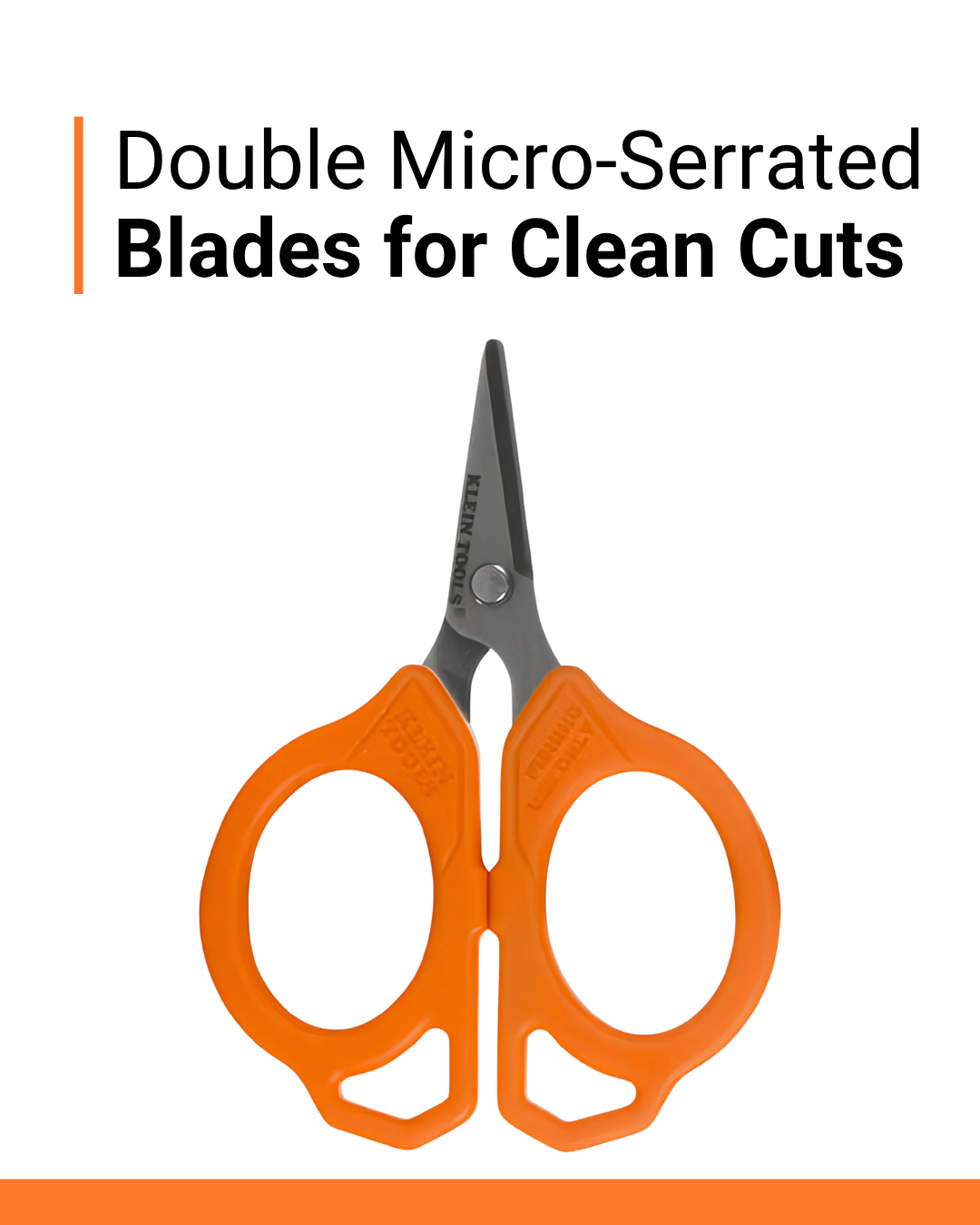 Orange-handled braid scissors with double micro-serrated blades for clean cuts