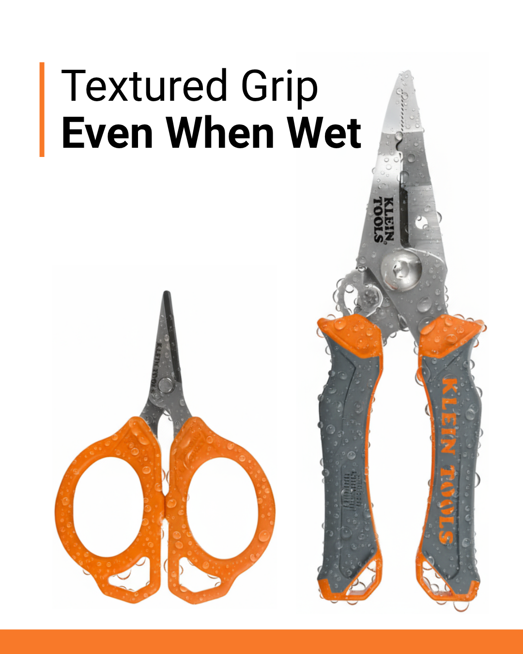 Klein Tools fishing pliers and braid scissors with water droplets, showing textured non-slip grip