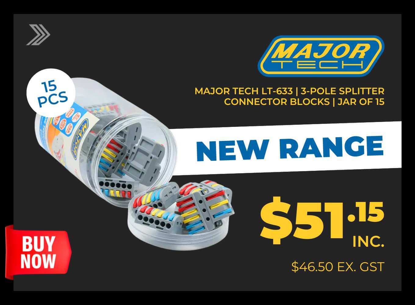 Click here for a jar of 15 Major Tech LT-633 3-pole splitter connector blocks priced at $51.15.