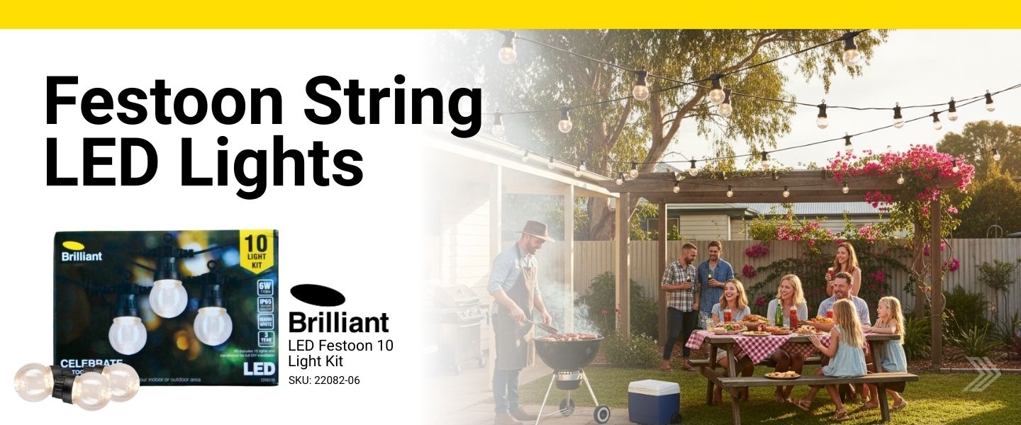 Banner for Brilliant Festoon string lights with Brilliant 10-light kit and backyard BBQ scene.