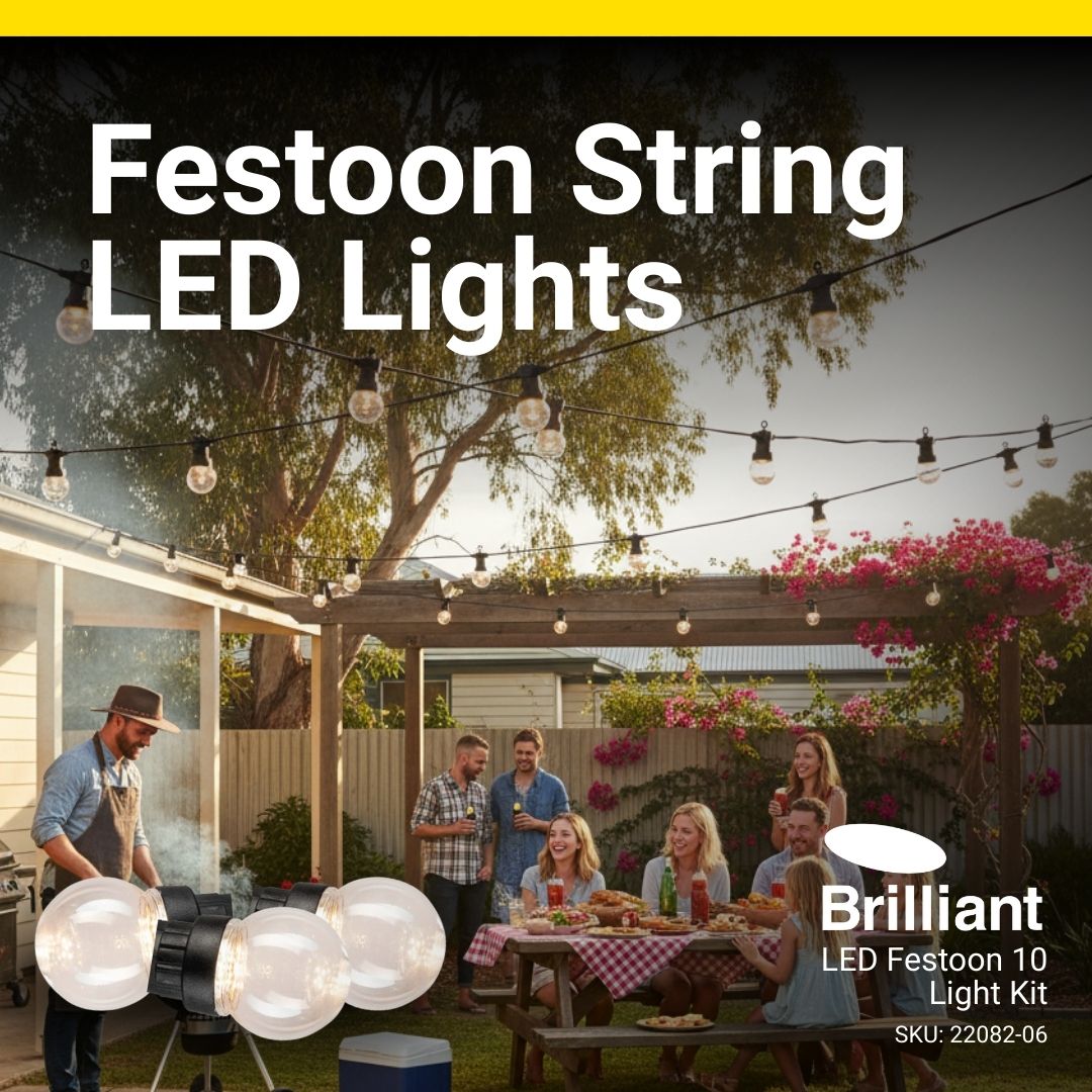 Banner for Brilliant Festoon string lights with Brilliant 10-light kit and backyard BBQ scene.