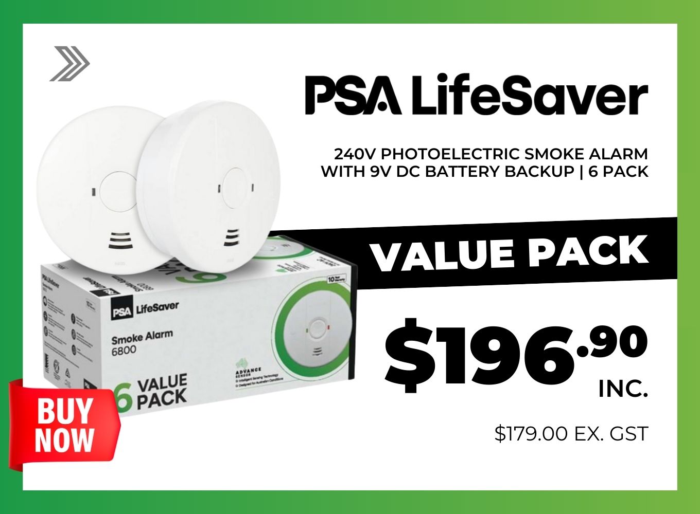 Click here for a 6-pack of PSA LifeSaver 6800 photoelectric smoke alarms with battery backup.